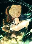  1boy 1girl armor arms_around_back bare_shoulders black_background black_gloves black_hair black_skirt blonde_hair brown_hair closed_eyes cloud_strife couple crop_top earrings elbow_gloves english_commentary final_fantasy final_fantasy_vii final_fantasy_vii_rebirth final_fantasy_vii_remake gloves highres hug jewelry lifestream light_particles long_hair maiii_(smaii_i) short_hair shoulder_armor skirt sleeveless sleeveless_turtleneck spiked_hair stud_earrings sweater tank_top tifa_lockhart turtleneck turtleneck_sweater upper_body white_tank_top 