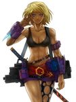  abs belt blonde_hair blue_eyes breasts cleavage dark_skin gun katana medium_breasts moreshan muscle navel original pouch salute solo sword tank_top vambraces weapon 