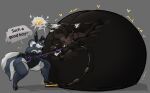 2025 artist_name bellows belly big_belly bunny_costume close_to_bursting clothing costume desoto_(cinnamondutchie) grey_background hi_res hose hose_in_butt hose_inflation huge_belly hyper hyper_belly immobile implied_popping inflation motion_lines orange_sclera shadow simple_background soundbbabe tail tail_motion tailwag teasing text tube_bulge