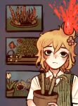  1boy alternate_eye_color basil_(faraway)_(omori) basil_(omori) black_eyes blonde_hair blush cactus closed_mouth collared_shirt flower flower_pot gladiolus green_sweater_vest highres holding holding_flower_pot lily_of_the_valley male_focus omori ottie_pops plant potted_plant red_flower red_rose rose shirt short_hair solo sunflower sweater_vest tulip white_flower white_shirt white_tulip 