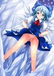  1girl 90i blood blue_eyes blue_hair blush bow cirno crying dress dutch_angle empty_eyes eyes_closed fairy hair_bow hands_on_hips highres ice looking_at_viewer mound_of_venus no_panties open_mouth pussy pussy_juice short_hair solo spike tears touhou uncensored virgin wings 
