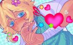  1boy alternate_skin_color basil_(faraway)_(omori) basil_(omori) blonde_hair blue_eyes blush body_freckles collared_shirt dark-skinned_male dark_skin donuqx flower freckles green_sweater_vest hair_flower hair_ornament heart looking_at_viewer male_focus multicolored_hair omori open_mouth roots_(hair) scar scar_on_face scar_on_nose shirt short_hair short_sleeves solo sweat sweater_vest twitter_username white_shirt 