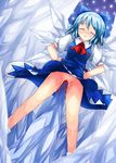  1girl 90i blood blue_hair blush bow cirno crying dress eyes_closed fairy guro hands_on_hips highres impaled impalement pussy pussy_juice ribbon spike tears touhou uncensored virgin wings 