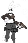 absurd_res anthro ash_(inkundercover) athletic athletic_anthro athletic_female belt bottomwear breasts camel_toe clothed clothing digital_media_(artwork) domestic_cat felid feline felis female fingers fur genital_outline graphite_(artwork) guide_lines gun hi_res holding_object holding_ranged_weapon holding_weapon hybrid inkundercover jacket lagomorph leporid magazine_(gun) mammal mixed_media number outline panties pants pockets pouch_(clothing) rabbit ranged_weapon reloading shirt simple_background solo standing submachine_gun tactical_gear tail tank_top text thick_thighs topwear traditional_media_(artwork) underwear vulva_outline weapon white_body white_fur