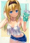  1girl alternate_costume bare_shoulders bead_bracelet beads black_hairband blonde_hair blue_eyes blush border bracelet breasts camisole casual chitose_sana closed_mouth collarbone colored_eyelashes commentary_request cowboy_shot cup denim disposable_cup eyelashes gradient_background hair_between_eyes hair_down hair_intakes hairband hands_up happy heart highres holding holding_cup ice ice_cube jewelry long_hair looking_at_viewer marker_(medium) midriff navel outside_border ribbon simple_background small_breasts smile solo spaghetti_strap tenshinranman traditional_media white_border white_camisole white_ribbon yuto_takumi 