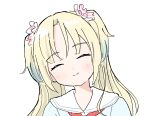  1girl ^_^ blonde_hair blue_dress blue_hair blush closed_eyes closed_mouth commentary dress facing_viewer flower hair_flower hair_ornament hasu_no_sora_school_uniform head_tilt highres link!_like!_love_live! love_live! neckerchief osawa_rurino parted_bangs pink_flower portrait red_neckerchief sailor_collar sailor_dress school_uniform simple_background smile solo split_mouth summer_uniform symbol-only_commentary tazaki_masanobu twintails virtual_youtuber white_background white_sailor_collar 