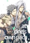  3boys arm_around_neck armor belt black_belt black_coat black_gloves black_hair blue_sweater bracer brown_belt brown_gloves chest_strap closed_eyes cloud_strife coat commentary_request cover cover_page doujin_cover english_text final_fantasy final_fantasy_vii final_fantasy_vii_remake gloves green_eyes hair_slicked_back hand_on_another&#039;s_shoulder happy highres holding_hands light_smile long_bangs long_hair long_sleeves looking_at_another male_focus multiple_belts multiple_boys open_mouth parted_bangs pauldrons sephiroth shoulder_armor sleeveless sleeveless_sweater sleeveless_turtleneck slit_pupils smile spiked_hair suspenders sweater toned toned_male turtleneck turtleneck_sweater upper_body very_long_hair walking white_background white_hair yunyunonigiri zack_fair 