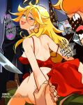  1girl 2boys alexander_anderson ass blonde_hair blurry blurry_background breasts brief_(psg) clothed_sex commentary crossover dress earrings english_commentary english_text from_behind gloves green_pants heart hellsing highres holding holding_knife hoop_earrings indoors jewelry knife long_hair long_sleeves looking_at_viewer looking_back medium_breasts multiple_boys open_mouth orange_hair pants panty_&amp;_stocking_with_garterbelt panty_(psg) patreon_username red_dress shoulder_blades sleeveless sleeveless_dress snegovski standing strap_slip sweat tongue tongue_out very_long_hair white_gloves 