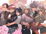  3boys 3girls absurdres akabane_sousei arm_around_neck black_dress black_eyes black_hair black_jacket black_pants blonde_hair brown_necktie brown_skirt cherry_blossoms chidori_(sentai_dai_shikkaku) closed_mouth dress floral_background flower green_eyes grey_eyes grey_hair hair_ornament hairclip hand_up haruba_negi heterochromia highres hisui_kanon hug jacket long_hair looking_at_viewer multiple_boys multiple_girls necktie official_art one_eye_closed open_clothes open_jacket open_mouth orange_hair pants pink_flower red_eyes sakurama_hibiki school_uniform sentai_daishikkaku sentouin_d serious shirt short_hair skirt smile surprised suzukiri_yumeko sweater usukubo_angel very_long_hair white_shirt white_sweater yellow_eyes 