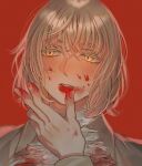  1girl alt_text blonde_hair blood blood_on_face blood_on_hands blurry colored_eyelashes depth_of_field dungeon_meshi facing_viewer falin_touden falin_touden_(tallman) feathers finger_to_mouth grey_shirt hand_up highres lips long_sleeves looking_to_the_side parted_lips portrait red_background red_lips sasakura34 shirt short_hair simple_background solo white_feathers yellow_eyes 