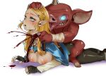 absurd_res anthro assault attack blin_(tloz) blonde_hair blood blood_splatter blood_spray blue_eyes blue_sclera bodily_fluids bottomwear breasts clothing duo dying dying_eyes evechann execution exposed_breasts eye_roll eyes_rolled_up female gore gore_focus hair hi_res human human_prey humanoid_pointy_ears killing knife male male/female mammal moblin nintendo pants pointy_ears princess red_body red_skin royalty shaking simple_background sitting sitting_on_another sitting_on_back slit_throat smile snuff the_legend_of_zelda throat_slash tight_bottomwear tight_clothing tight_pants tongue tongue_out white_background