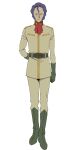  1boy arm_behind_back ascot belt black_eyes boots epaulettes full_body gloves green_boots green_gloves gundam gundam_gquuuuuux hair_between_eyes highres jacket knee_boots looking_at_viewer m&#039;quve male_focus military_uniform official_art pants purple_hair red_ascot short_hair simple_background solo standing transparent_background yellow_jacket yellow_pants zeon 