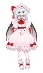  1girl absurdres aorin_oekaki ascot bat_wings blue_hair bow brooch collared_shirt commentary frilled_shirt_collar frills full_body hair_between_eyes hat hat_ribbon highres jewelry light_blush looking_at_viewer mob_cap pink_hat pink_shirt pink_skirt puffy_short_sleeves puffy_sleeves red_ascot red_bow red_eyes red_nails remilia_scarlet ribbon shirt shoes short_hair short_sleeves simple_background skirt skirt_set solo symbol-only_commentary touhou white_background white_shoes wings wrist_cuffs 