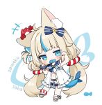  +++ ahoge animal_ears ankle_bow aqua_bow aqua_eyes aqua_hair bare_arms blonde_hair blue_bow blue_sailor_collar blue_scrunchie blue_tail blunt_bangs blush bow bowtie brooch buttons cat_ears character_name chibi chibi_only clenched_hands commentary crab crab_on_head dress english_commentary fins fish fish_girl fish_in_mouth fish_tail frilled_sailor_collar frills full_body hair_bow half-closed_eyes hands_up highres indie_virtual_youtuber jewelry lifebuoy_hair_ornament long_hair looking_at_viewer low_twintails midriff mouth_hold multicolored_hair navel open_clothes open_dress paw_pose sailor_collar sameko_saba sandals scrunchie short_shorts shorts shouu-kun sleeveless sleeveless_dress standing standing_on_one_leg streaked_hair striped_bow tail twintails two-tone_hair very_long_hair virtual_youtuber white_background white_dress white_shorts wrist_scrunchie yellow_brooch 