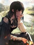  1girl absurdres black_coat black_dress black_hair brown_eyes chainsaw_man cigarette coat dress evening fourth_east_high_school_uniform hand_on_own_chin highres holding holding_cigarette ivdimension long_hair long_sleeves looking_at_viewer outdoors pinafore_dress river scar scar_on_face scar_on_nose school_uniform shirt sleeveless sleeveless_dress smoke solo water white_shirt yoru_(chainsaw_man) 