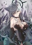  1girl ahoge artist_name bare_shoulders black_choker black_dress black_halo blue_archive blue_eyes breasts choker cleavage closed_mouth collarbone commentary_request cross_hair_ornament dress grey_hair hair_ornament halo highres large_breasts long_hair looking_at_viewer shiroko_(blue_archive) shiroko_terror_(blue_archive) solo xephonia 