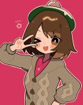  &gt;_o 1girl ;d absurdres blush_stickers brown_hair cardigan collared_dress commentary_request dress gloria_(pokemon) green_hat grey_cardigan hand_up happy hat highres hood hood_down hooded_cardigan medium_hair okayu_(cwtv7823) one_eye_closed open_mouth outline pink_background pink_dress pokemon pokemon_swsh smile solo star_(symbol) tam_o&#039;_shanter teeth upper_body upper_teeth_only 