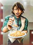  brown_eyes brown_hair facial_hair feeding food fried_rice highres kaburagi_t_kotetsu looking_at_viewer male_focus md5_mismatch necktie open_mouth pov_feeding shrimp solo spoon stubble tiger_&amp;_bunny tobihiro-s vest waistcoat 