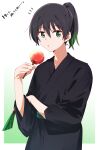  1girl :t black_hair black_kimono commentary_request folded_fan folding_fan gradient_background gradient_hair green_eyes green_hair hair_between_eyes hand_fan hand_on_own_arm high_ponytail highres holding holding_candy_apple holding_fan japanese_clothes kimono looking_at_viewer love_live! love_live!_nijigasaki_high_school_idol_club multicolored_hair notice_lines obi official_alternate_costume official_alternate_hairstyle ponytail sash solo takasaki_yu translation_request two-tone_hair upper_body wakahima yukata 
