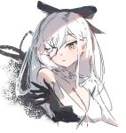  1girl black_bow bow breasts brown_eyes cape cleavage closed_mouth cropped_torso drag-on_dragoon drag-on_dragoon_3 dress elphe flower flower_over_eye gift hair_bow long_hair mechanical_arms medium_breasts non-web_source prosthesis prosthetic_arm side_cape single_bare_shoulder single_mechanical_arm sketch solo swept_bangs white_background white_cape white_dress white_flower white_hair zero_(drag-on_dragoon) 