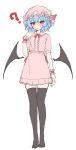  1girl ? absurdres bat_wings black_thighhighs blue_hair blush center_frills collared_shirt ei_tantan frills full_body hat highres looking_at_viewer mob_cap no_shoes pink_hat pink_shirt pink_skirt pointy_ears red_eyes remilia_scarlet shirt short_sleeves simple_background skirt solo thighhighs touhou white_background wings wrist_cuffs zettai_ryouiki 