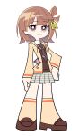 1girl absurdres bokuhakiyoshi breasts brown_hair brown_necktie brown_shoes brown_sweater_vest closed_mouth collared_shirt commentary grey_skirt hair_rings hand_on_own_hip highres jacket loafers looking_at_viewer medium_hair miniskirt necktie open_clothes open_jacket orange_hair panty_&amp;_stocking_with_garterbelt parody plaid_clothes plaid_skirt pleated_skirt sendo_yuuhi sendo_yuuhi_(1st_costume) shirt shoes simple_background single_hair_ring skirt small_breasts smile socks solo standing style_parody sweater_vest virtual_youtuber vspo! white_background white_shirt yellow_jacket yellow_socks 
