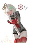  1girl ? ?? artist_name blush braid breasts cecilia_immergreen doll_joints embarrassed gigi_murin green_eyes green_hair highres hololive hololive_english joints mechanical_arms multicolored_hair nose_blush open_mouth radical_highway robot_girl robot_joints single_mechanical_arm small_breasts solo virtual_youtuber white_background white_hair winding_key 