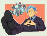  1boy black_jacket black_necktie black_pants black_shoes blue_eyes blue_hair border closed_mouth collared_shirt commentary crossed_ankles cyrus_(pokemon) frown highres jacket long_sleeves looking_at_viewer lynn_(daisiloou) magneton male_focus necktie outline pants pokemon pokemon_(creature) pokemon_dppt shirt shoes short_hair steepled_fingers sunken_cheeks 