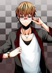  adjusting_eyewear attsun_(atsushi_jb) bad_id bad_pixiv_id brown_hair chain checkered checkered_background cross glasses jewelry male_focus necklace original red-framed_eyewear red_eyes ring solo watch 