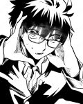  1boy black_hair gakuran glasses hair_between_eyes hands_on_own_head jacket long_sleeves looking_at_viewer male_focus metarogu monochrome panicking school_uniform short_hair solo sweat tohno_shiki tsukihime 