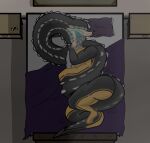 absurd_res anthro balahara bedroom big_breasts black_body black_skin bodily_fluids breasts brown_body brown_skin capcom coiling coiling_another crimsontyd cuddling duo end_table eyewear faceless_character faceless_male female grey_body grey_skin hi_res human kissing kissing_head leviathan_(mh) male male/female mammal monster_hunter morning multi_eye multicolored_body nude painting picture_frame pillow purple_blanket purple_pillow ridges saliva saliva_on_face sleeping sleeping_together spines split_mouth sunglasses