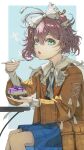  1girl :o absurdres ahoge blue_background blue_eyes blue_skirt blueberry border bow brown_coat brown_hair cake cape coat eating feet_out_of_frame flutterpage food fruit hair_bow highres holding holding_cake holding_food holding_spoon looking_at_viewer open_mouth outside_border reverse:1999 short_hair sitting skirt solo spoon table tongshan_treeless white_border white_bow white_cape 