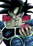  1boy black_fur black_hair dragon_ball dragon_ball_z food fruit highres holding holding_food holding_fruit male_focus medium_hair saiyan_armor scouter smirk solo spiked_hair stktik09060906 tullece upper_body 