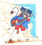  1girl ahoge alternate_costume animal_ears antique_firearm basket blue_coat brown_shoes coat commentary commission dated english_commentary explosion flag french_army full_body grey_hair gun highres military_uniform mouse_(animal) mouse_ears mouse_girl nazrin open_mouth red_eyes red_shorts shoes short_hair shorts signature thatkirisame touhou weapon 