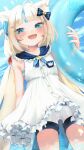  1girl absurdres animal_ear_fluff animal_ears blonde_hair blue_eyes blue_hair blue_nails blue_sky blush cat_ears cloud dress fang fins fish_girl fish_tail highres holding holding_swim_ring indie_virtual_youtuber lattemeowcatto long_hair looking_at_viewer low_twintails multicolored_hair nail_polish open_mouth sameko_saba short_shorts shorts skin_fang sky sleeveless sleeveless_dress smile solo streaked_hair swim_ring tail twintails very_long_hair virtual_youtuber white_dress white_shorts 