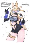  1girl black_bodysuit bodysuit breasts cleavage cleavage_cutout clothing_cutout cowboy_shot digimon digimon_(creature) facial_mark fox_mask fox_shadow_puppet gift_art happy_birthday highres large_breasts mask nagoshi open_mouth sakuyamon short_hair shoulder_pads simple_background smile solo stomach_cutout twitter_username white_background 
