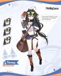  1girl ahoge aqua_eyes asymmetrical_gloves bag bandaged_leg bandages black_capelet black_gloves black_hair black_shoes black_shorts blue_socks brown_bag brown_gloves brown_socks capelet character_name collarbone commentary computer_keyboard crossed_bangs english_commentary english_text envelope fingerless_gloves full_body gauze gauze_on_leg gloves goggles goggles_on_head group_name hair_between_eyes half-skirt heterochromatic_eyewear highres long_hair long_sidelocks low-tied_long_hair messenger_bag micro_shorts midriff mismatched_gloves mismatched_socks multiple_expressions official_art orange_socks shirt shoes shorts shoulder_bag sidelocks single_fingerless_glove socks speech_bubble stella_sora teresa_(stella_sora) tied_shirt tinted_eyewear very_long_hair white_shirt 