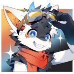 1:1 2025 2_horns 4_fingers anthro biped black_body black_fur blue_body blue_eyes blue_fur blue_horn border bust_portrait butterfly_dragon cel_shading chest_tuft digital_drawing_(artwork) digital_media_(artwork) dragon dragon_horn eyewear eyewear_on_head fangs fingers fructose_(fructose_c) fructose_c fur furred_dragon furred_scalie glistening glistening_eyes goggles goggles_on_head gradient_background grin grinning_at_viewer hi_res horn icon inner_ear_fluff kemono looking_at_viewer male markings multicolored_body multicolored_fur mythological_creature mythological_scalie mythology neck_tuft orange_markings portrait raised_arm red_scarf scalie scarf shaded simple_background smile smiling_at_viewer solo sparkles teeth tuft white_body white_border white_fur yellow_markings