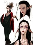  1girl ahoge baldur&#039;s_gate baldur&#039;s_gate_3 black_dress black_hair breasts donella_szarr dress dungeons_&amp;_dragons earrings folding_fan gev hand_fan highres jewelry long_hair multiple_views pointy_ears red_eyes red_lips sagging_breasts white_background wide_sleeves 