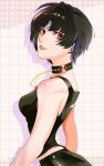  1girl artist_name bare_shoulders black_hair black_shirt breasts brown_eyes collar earrings highres inuha_dayo52 jewelry lips looking_at_viewer medium_breasts persona persona_5 shirt short_hair sleeveless solo takemi_tae upper_body white_background 