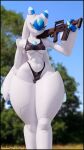3d_(artwork) anthro black_clothing black_panties black_shirt black_tank_top black_topwear black_underwear blue_eyes blue_sky blurred_background breasts chest_gem clothing day digital_media_(artwork) female forehead_gem gem glistening glistening_clothing gun hi_res holding_gun holding_object holding_ranged_weapon holding_weapon looking_at_viewer lunaris_(pal) medium_breasts mouthless nature nature_background outside pal_(species) palworld panties pocketpair ranged_weapon shirt sky solo submachine_gun tank_top thenicedragon thick_thighs topwear under_boob underwear watermark weapon white_body wide_hips
