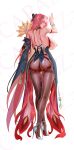  1girl alternate_breast_size alternate_costume ass black_bow body_markings bow breasts changli_(wuthering_waves) chinese_commentary cleft_of_venus commentary_request fingernails from_behind full_body hair_bow hair_ornament hand_up high_heels holding huge_breasts kneepits long_hair median_furrow nail_polish nipples no_panties pantyhose parted_lips pink_hair profile pussy red_nails shoes shoulder_blades smile solo standing thighband_pantyhose tsuki_no_i-min white_shoes wuthering_waves 