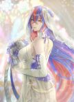  1girl blue_hair bouquet bride crossed_bangs dress female_alear_(fire_emblem) fire_emblem fire_emblem_engage heterochromia highres holding holding_bouquet multicolored_hair nekoyashiki_08 open_mouth red_hair split-color_hair two-tone_hair wedding_dress 