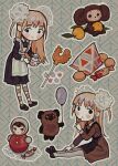  2girls 2others :o apron balloon bikini black_dress black_eyes black_shoes blonde_hair blush candy cheburashka collared_dress commentary cookie deformed dessert dress dual_persona english_commentary food frilled_apron frills fruit gena_the_crocodile_and_his_friends grey_pantyhose hair_ornament hair_scrunchie hand_up highres holding holding_balloon holding_candy holding_food holding_fruit holding_lollipop holding_teapot io_(onisarashi) loafers lollipop long_sleeves looking_at_viewer milk_carton multiple_girls multiple_others nika_(flesh_blood_&amp;_concrete) orange_bikini outline pantyhose patterned_background pooh pooh_(soyuzmultfilm) roly-poly_toy school_uniform scrunchie shaped_lollipop shoes sitting smile soviet_school_uniform striped_clothes striped_pantyhose swimsuit teapot toy two_side_up white_apron white_outline white_scrunchie winnie_the_pooh 