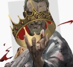  1boy askeladd beard blonde_hair blood blood_on_clothes blood_on_face blood_on_hands crown eshino_makiya00 facial_hair gem gold_crown hand_up highres looking_at_viewer male_focus mustache one_eye_covered outstretched_arm outstretched_hand pointed_crown robe solo teeth upper_body vinland_saga white_robe widow&#039;s_peak 