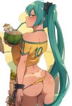  1girl absurdres alternate_breast_size animanghayo aqua_eyes aqua_hair artist_name ass bikini_bottom_pull black_scrunchie blush brazilian_miku breasts butt_crack clip_studio_paint_(medium) coconut coconut_cup commentary cowboy_shot cropped_shirt drinking drinking_straw drinking_straw_in_mouth english_commentary flower food from_behind fruit furrowed_brow hair_ornament hair_scrunchie hatsune_miku highres holding holding_food holding_fruit large_breasts off-shoulder_shirt off_shoulder paid_reward_available patreon_logo patreon_username scrunchie shirt solo standing tan tanlines thighs twintails vocaloid yellow_shirt 