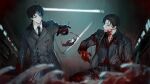  2boys :| backlighting black_gloves black_hair black_jacket black_necktie black_skirt blood blood_on_clothes blood_on_face blood_on_hands blood_stain blood_trail blurry blurry_foreground bone ceiling_light closed_mouth collared_shirt disgust expressionless gloves green_eyes grin highres jacket light_particles looking_at_another multiple_boys necktie original partially_shaded_face severed_hand shirt short_hair skirt smile squatting tossing white_shirt wuruko 
