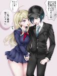  1boy 1girl ahoge akamatsu_kaede black_hair black_jacket black_serafuku blonde_hair blush breasts collared_shirt danganronpa_(series) danganronpa_v3:_killing_harmony hair_ornament highres jacket large_breasts long_hair long_sleeves moon_(moon0771110) neckerchief official_alternate_costume red_neckerchief saihara_shuichi school_uniform serafuku shirt short_hair skirt white_shirt 