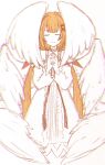  1girl absurdres angel_wings bare_shoulders black_choker center_frills choker closed_eyes detached_sleeves dress feathered_wings frills hair_ornament hair_ribbon highres kingdom_hearts kingdom_hearts_x long_hair long_sleeves low_twintails multiple_wings orange_hair orange_ribbon own_hands_clasped own_hands_together ribbon seraph seraph_wings smile solo strelitzia_(kingdom_hearts) twintails very_long_hair w3n6ev white_background white_dress white_wings wings x_hair_ornament 