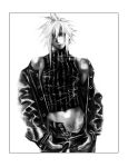  1boy black_pants cloud_strife earrings final_fantasy final_fantasy_vii greyscale hashtag-only_commentary highres jacket jewelry looking_at_viewer male_focus monochrome navel open_clothes open_fly open_pants pants short_hair single_earring spiked_hair stomach unbuttoned wadanoki1st 